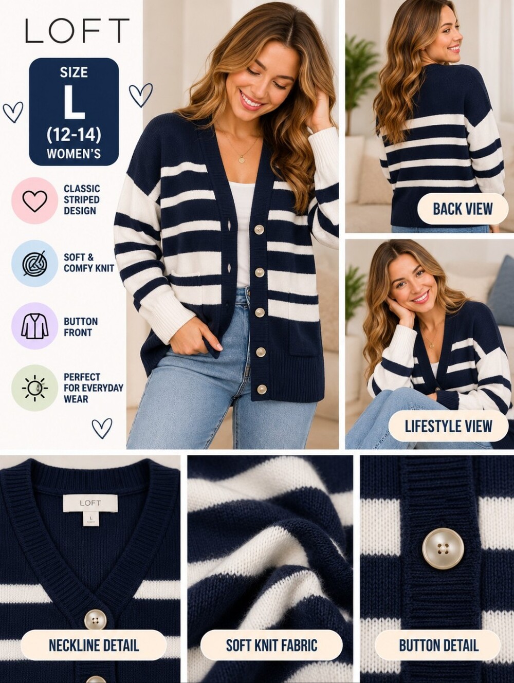 Loft Women's size large blue striped button cardigan sweater #22